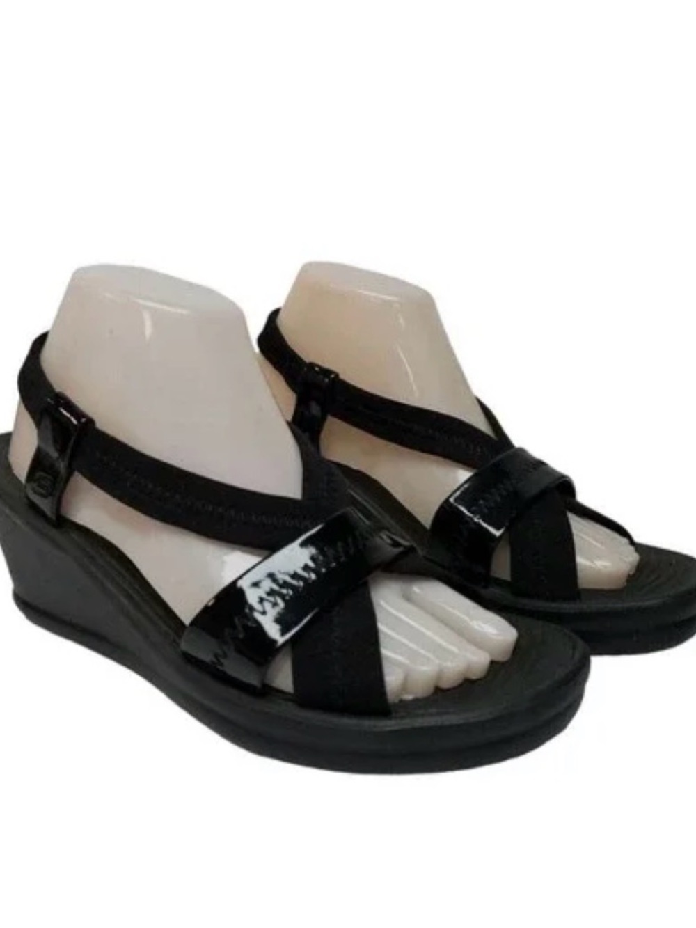 Skechers Black Patent & Fabric Wedge Sandals
